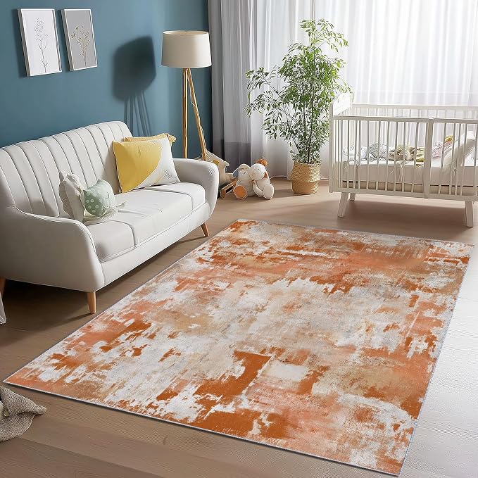 3x4 Washable Area Rug, Orange Color Retro Distressed Textured Design Non Slip Non-Shedding Rug Easy Care for Living Room Bedroom Kitchen Office Carpet