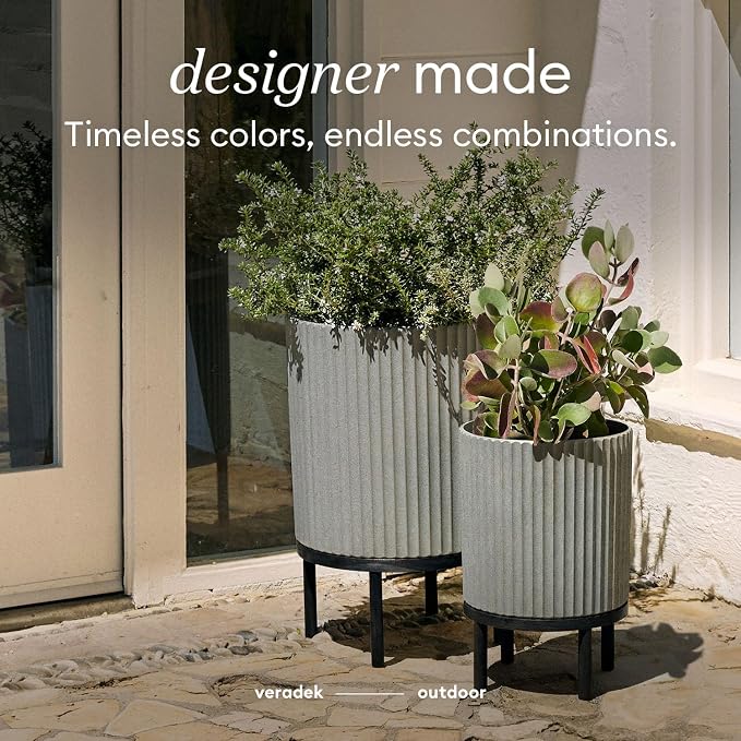 Veradek Demi Series Round Planter w/ Stand for Porch/Patio | Durable Plastic-Concrete & Wooden Stand | Modern Décor for Tall Plants, Flowers