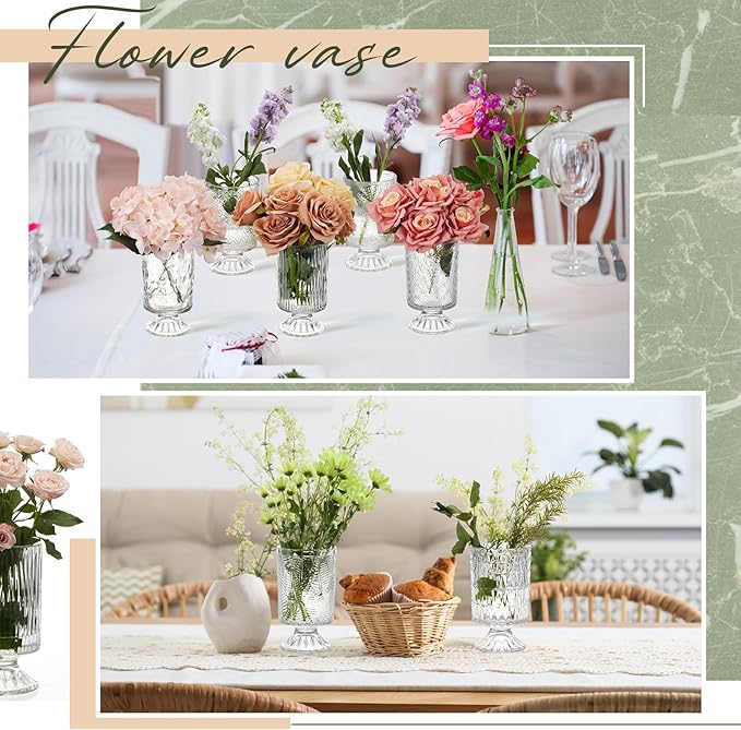 9 Set (H:7 Inch W:4 Inch) Flower Crystal Glass Vases Embossed Pedestal Vases for Centerpieces Hydroponic Glass Transparent Bottle for Home Office Wedding Dining Table Party(Clear)