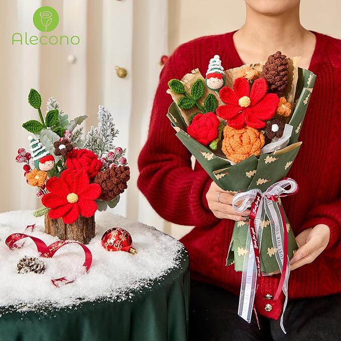 Alecono Crochet Flower Bouquet, Christmas Knitted Flowers, Green Completed Handmade Flower for Lover Anniversary Birthday Party Gifts (Include Card)