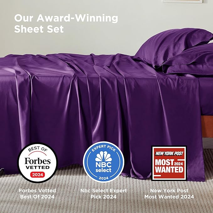 Bedsure Queen Sheet Set, Rayon Derived from Bamboo, Cooling Sheets, Breathable & Soft, Deep Pocket Up to 16 Inches, Hotel Luxury Silky Bedding for Hot Sleepers, Plum