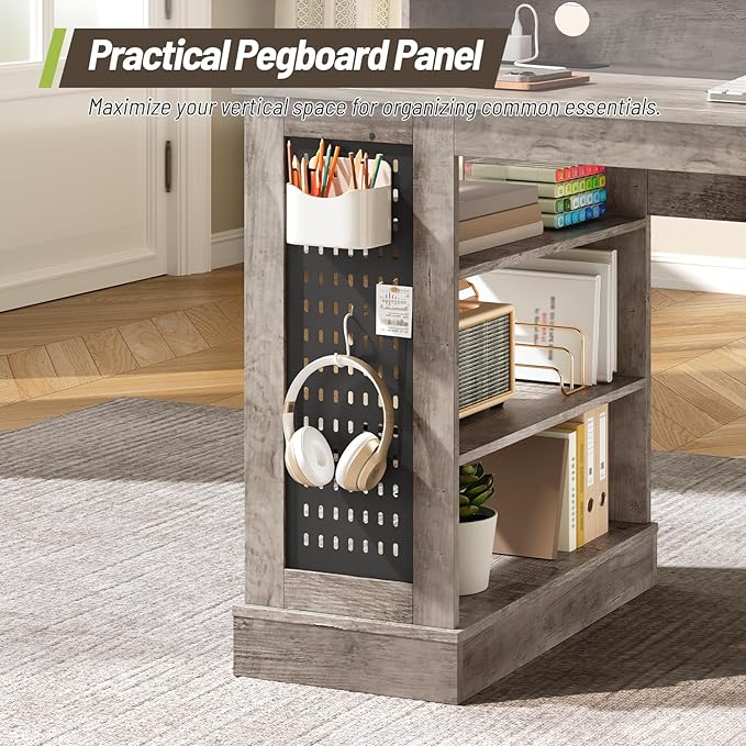 55-Inch Farmhouse Executive Desk with 2 Drawers and File Cabinet, Computer Desk with 3-Tier Storage Shelves, Home Office Desk with Charging Station, Pegboard and Monitor Shelf, Gray