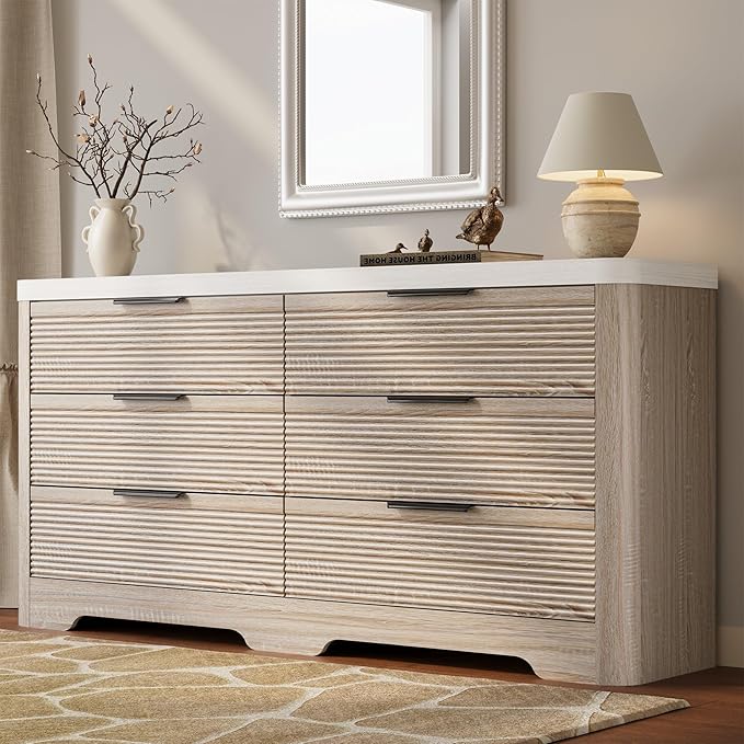 FUSUNBAO Fluted 6 Drawer Dresser, Modern Wood Dresser for Bedroom,TV Stand,Thickened Curved Profile Design,Bedroom,Entryway,Wood Drawer Organizer(Natural Oak)