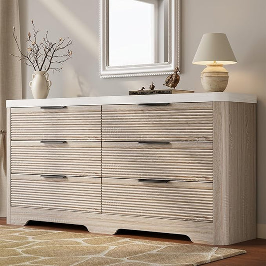 FUSUNBAO Fluted 6 Drawer Dresser, Modern Wood Dresser for Bedroom,TV Stand,Thickened Curved Profile Design,Bedroom,Entryway,Wood Drawer Organizer(Natural Oak)
