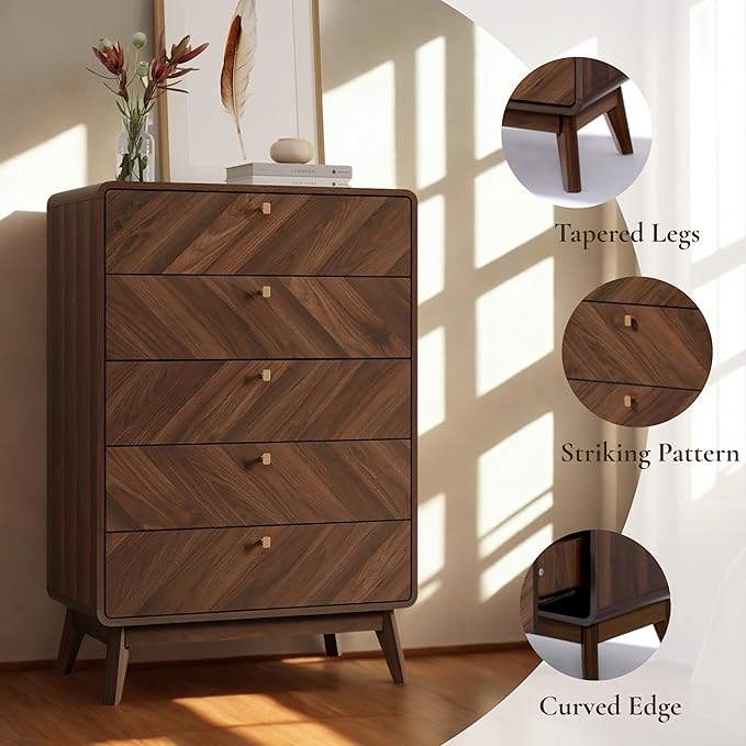 LuxenHome 5 Drawer Dresser for Bedroom, Mid Century Modern 48" Tall Wooden Bedroom Dressers, Walnut Brown MDF Wood Bedroom Dressers with Drawers, Chest of Drawers for Clothes Organizer Furniture