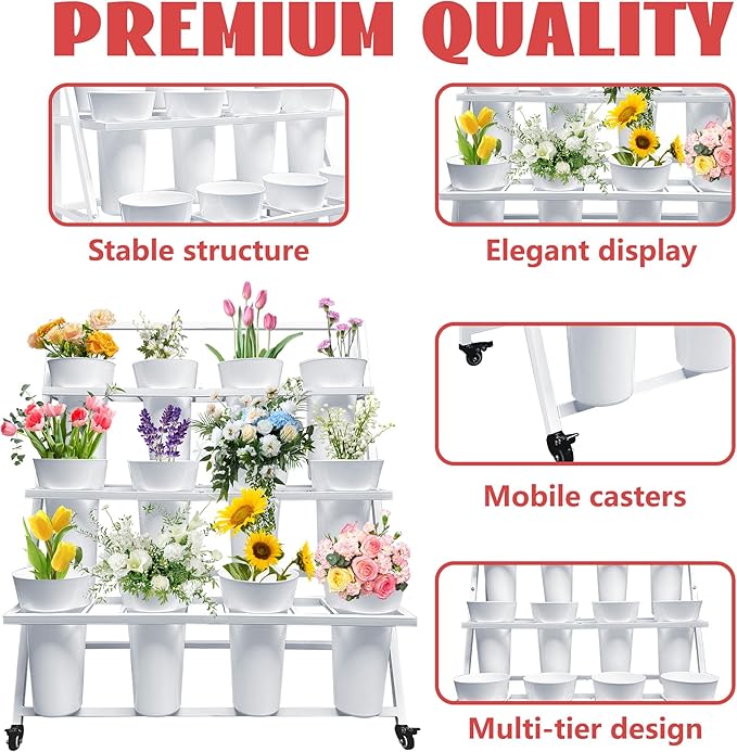 PROLEE Flower Display Stand with 12 Buckets, Flower Cart 3 Layers, Flower Stand Metal with Wheels, Moving Florist Bouquet Shelf, Triangular Rack, White