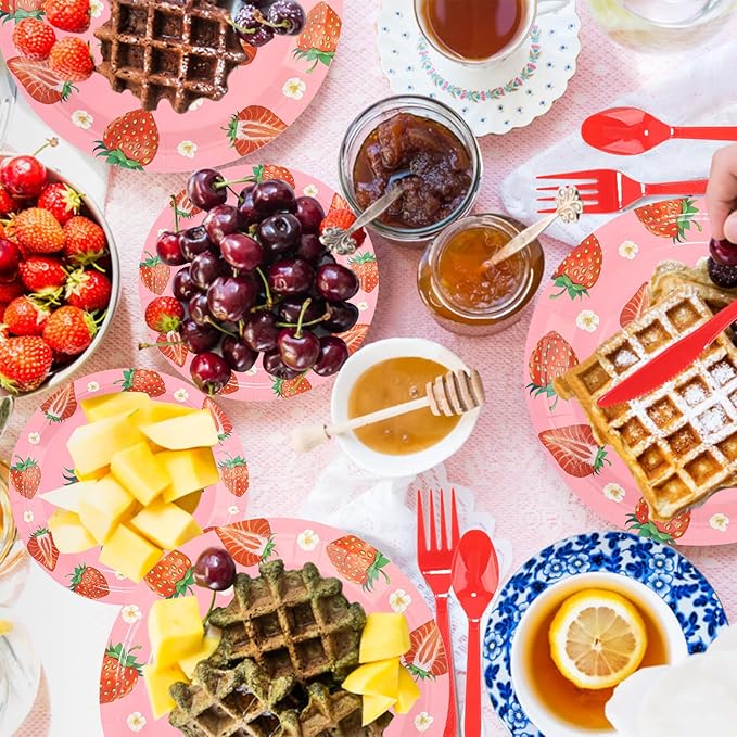 350 PCS Strawberry Party Decor Supplies, Disposable Pink Paper Plates Napkins Knives Forks Cups Dinnerware Set, Sweet Tableware Kit for Baby Shower Girl Birthday Party Christmas Decor, Serves 50