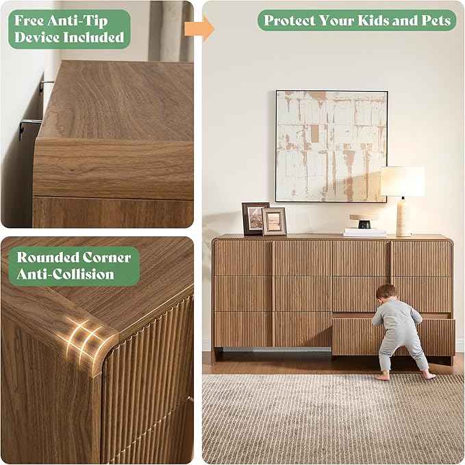 AMERLIFE 63" Fluted 6 Drawer Dresser, Wide Modern Chest of Storage Drawers with Pine Handles, Rounded Corners & Anti-Tip, Wood Drawer Organizer for Cloth, Bedroom, Living Room, Hallway, Dark Walnut