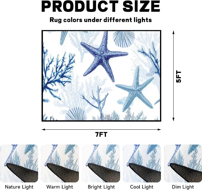 Coastal Starfish Rug 5'x7' Blue Ocean Area Rug Coral Seashell Floor Mat Washable Low Pile Carpet for Bedroom Living Room Kitchen Nursery Playroom Home Decor
