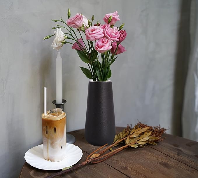 D'vine Dev 8 Inch Ceramic Flower Vase Textured Finishing, Minimalist Design for Kitchen, Bedroom, Living Room, Centerpieces, Office, Raven Grain, VS-XH-B-1
