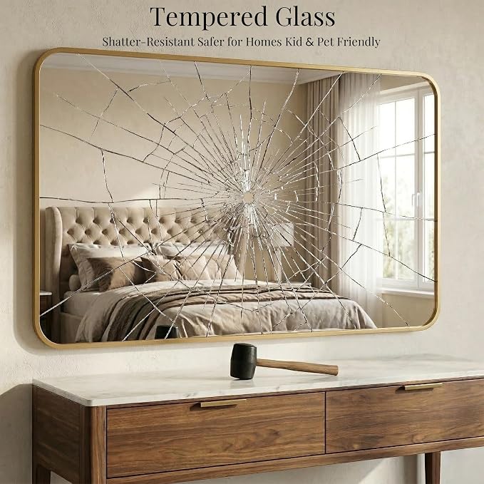 30x48 Inch Oversized Antique Gold Bathroom Vanity Mirrors | Flush Mount Deep Set Metal Wall Mirror for Over Sink | HD Shatterproof Glass, Rustproof | 1 Pack