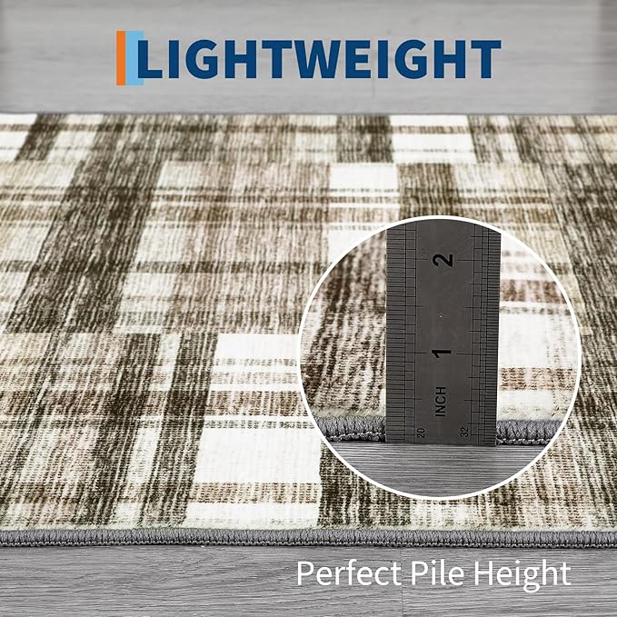 Modern Area Rug 8x10 Rug for Living Room Washable Rug Non Slip Geometric Plaid Throw Rugs Rustic Large Area Rug Low Pile Bedroom Rugs Stain Resistant Carpet for Classroom Office Beige 8'x10'