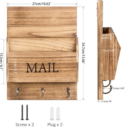 DLQuarts Mail Organizer - Wall-Mounted Wooden Mail Sorter with Key Holder & 3 Hooks | Carbonized Brown