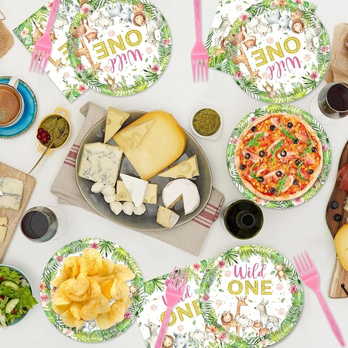 48Pcs Wild Birthday Decorations Plates and Napkins Forks Jungle Safari Animals Party Decorations for 16 Guests Two Wild Animals Birthday Decorations for Girls