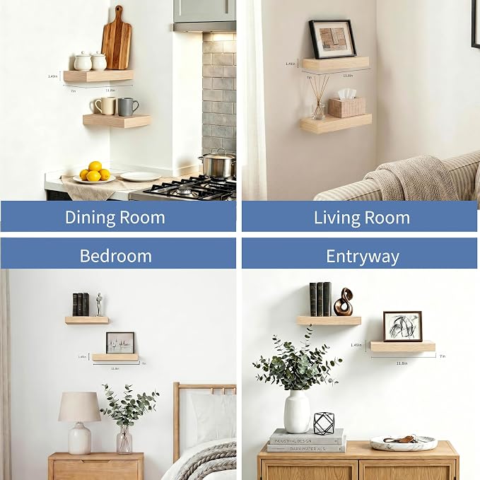 Floating Shelves for Wall, Bathroom Shelves Over Toilet, Wall Shelves & Book Shelf for Room, Hanging Shelf, Modern Wooden Wall-Mounted Small Floating Shelves, 12x7x1.5 in (Oak, Set of 2)