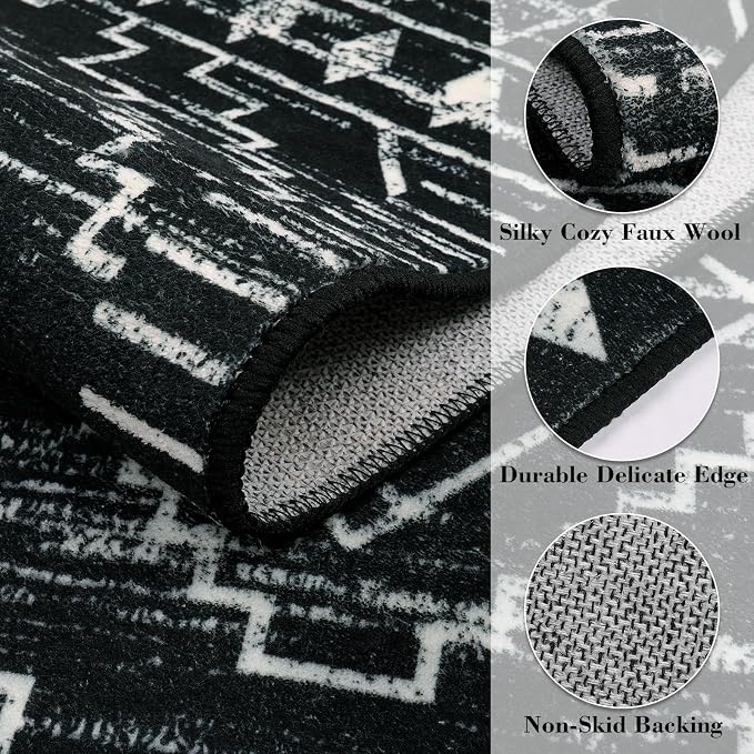 Wonnitar Washable Kitchen Runner Rug 2x6, Moroccan Black Runners for Hallway, Non Slip Bohemian Soft Bathroom Throw Mat Geometric Carpet Runner for Laundry Entryway Bedroom (Black,2'x6')
