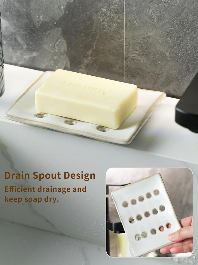 Soap Dish with Self Drain, Bar Soap Holder for Bathroom and Kitchen Sink, Rectangular Soap Dishes for Shower Ceramic Soap Saver, Japanese Soap Tray, White