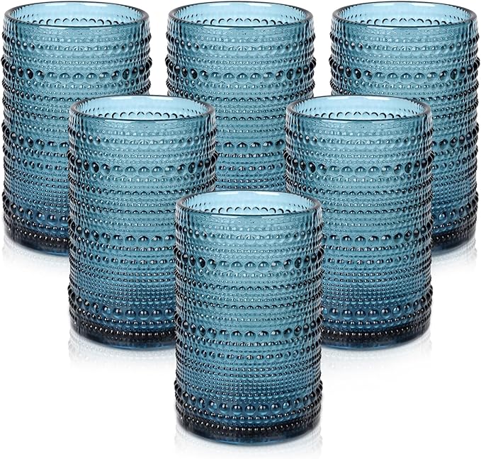 ZMOWIPDL Vintage Glassware Drinking Glasses Set of 6,15 oz Hobnail Glass Cups,Embossed Blue Water Tumbler,for Beer,Cocktail,Whiskey,Juice and Various Mixed Drinks- 1 Cleaning Brush
