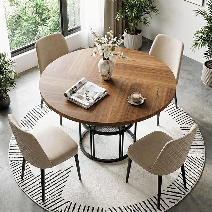 Garvee Round Dinning Table for 4-6 - 47" Circle Dinner Table with Storage Shelf & Sturdy Metal Frame, Modern Breakfast Tea Tray for Kitchen, Living Room, Apartment, Office, Brown