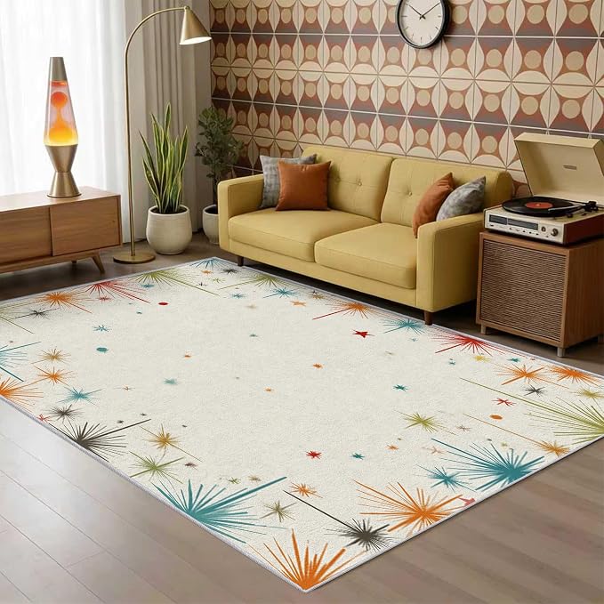 Mid Century Modern Rug 7x9 50s 60s Retro Starburst Pattern Area Rugs for Living Room, Bedroom, Mid Century Modern Home Decor Accessories Indoor Carpet, Non Slip & Machine Washable