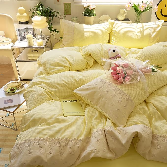 LifeTB Yellow Gingham Duvet Cover Twin XL 3 Pieces Romantic Lace Comforter Cover Super Soft Cream Yellow Grid Duvet Cover Farmhouse Plaid Checkered Comforter Cover Grid Gingham Bedding Set