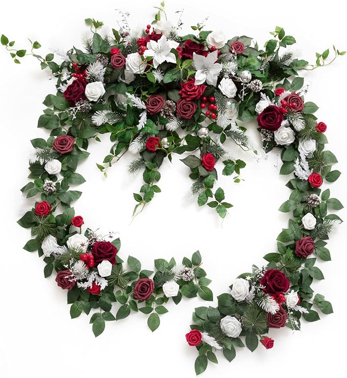 Ling's moment Christmas 9FT Eucalyptus and Willow Leaf Garland with White Flower, Handcrafted Wedding Sweetheart Table Centerpieces Head Table Decor Arch Backdrop Decorations for Wedding | Red & White