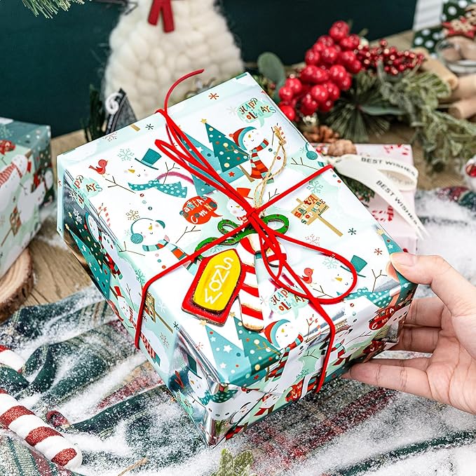 MAYPLUSS Snowman Christmas Wrapping Paper, Metallic Foil Reversible Winter Wonderland Festive Gift Wrap with Snowmen and Candy Cane Design for Present, Holiday Gift Packaging (17 Inch X 33 Feet)