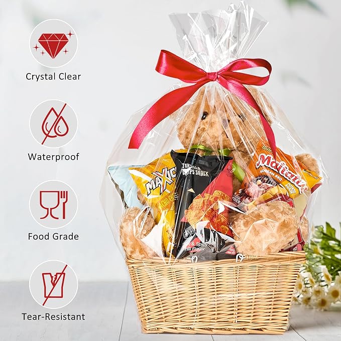 Mauproy 40"x 50" Extra Large Cellophane Bags, 6 PCS Jumbo Clear Cellophane Wrap 3 Mil Thick Plastic Gift Wrapping Bags for Gift Baskets Birthday Baby Shower Christmas Party Favors