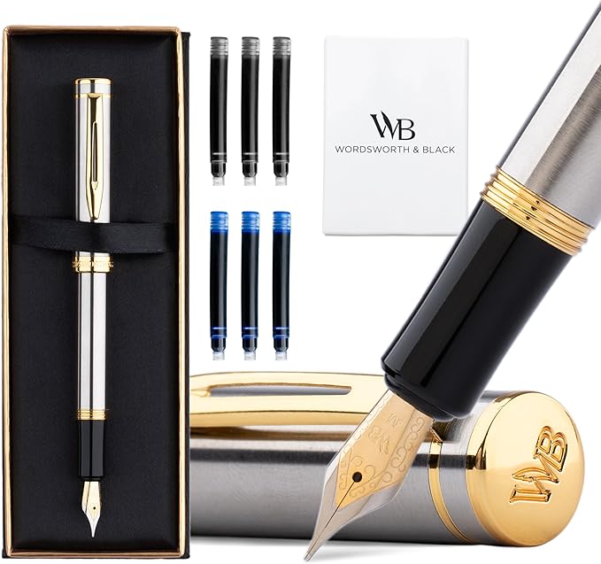Wordsworth and Black Fountain Pen Mini EDC: Luxury Silver Heavy Pocket Pen, Gold Finish, Medium Nib, 6 Ink Cartridges, Ink Converter, Travel Refillable Writing Pen Gift Set, Men & Women