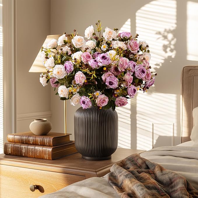 Artificial Rose Flowers for Outdoor 4 Bundles Rose Bouquet with Daisy Faux Flowers UV Resistant for Home Indoor Outside Garden Porch Window Box Balcony Yard Porch Fall Decor (White+Purple)
