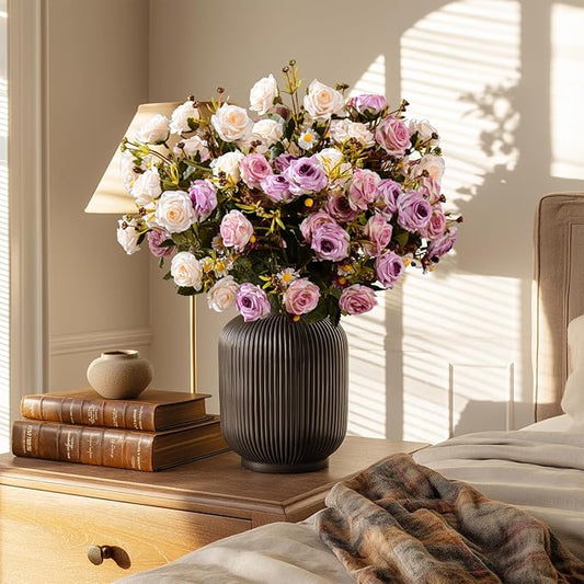 Artificial Rose Flowers for Outdoor 4 Bundles Rose Bouquet with Daisy Faux Flowers UV Resistant for Home Indoor Outside Garden Porch Window Box Balcony Yard Porch Fall Decor (White+Purple)