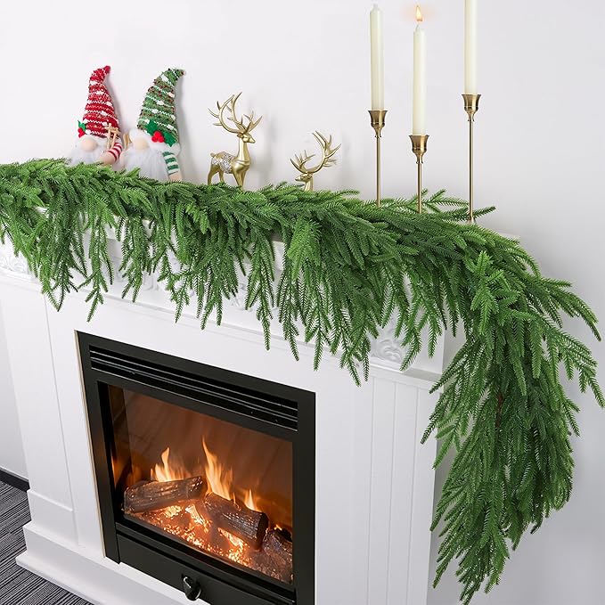 6 Ft Christmas Norfolk Pine Garland Real Touch Artificial Faux Greenery Christmas Garland Decorations for Home Fireplace Mantle Table Stairs Door Indoor Outdoor Holiday Decor