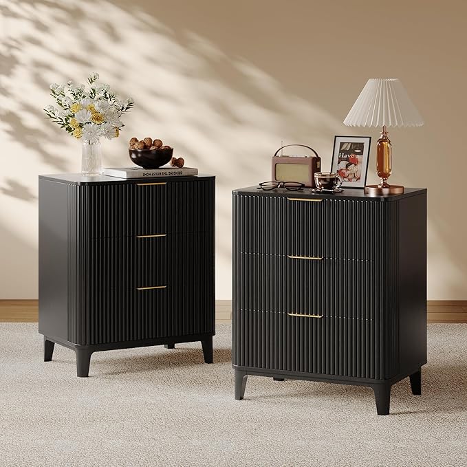 3 Drawer Fluted Dresser for Bedroom, Modern Closet Dressers Chest of Drawers, 23.6" Rustic Wood Nightstand 3-Drawer Dresser Bedside Table, Curved End Table with 3 Large Drawers for Living Room Black