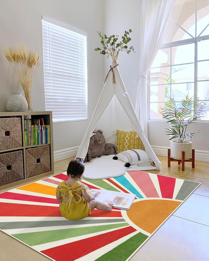 STARUIA Boho Washable Rug 4'x6' Kids Area Rug for Playroom, Non-Slip Kids Rug for Bedroom, Rainbow Modern Sun Carpet Soft Throw Sunshine Rugs for Office Nursery Entryway Dorm