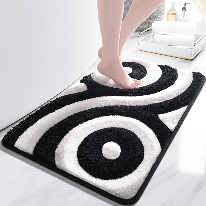 QJHOMO Black and White Cute Bathroom Rugs Non Slip Bath Mat Modern Aesthetic Bathroom Decor, Geometric Striped Bath Rug Fluffy Floor Mats, Thick Microfiber Carpet Machine Washable (20x32 inch)