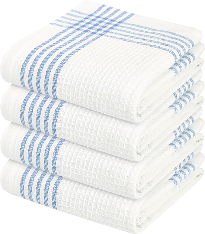 Waffle White & Sky Blue Kitchen Towels 4 Pack, 100% Cotton 16x26 inches, Quick Dry Bar Mop Towel, Super Absorbent Wash Cloths for Cleaning, Drying Dishes, Long Lasting Dishcloth