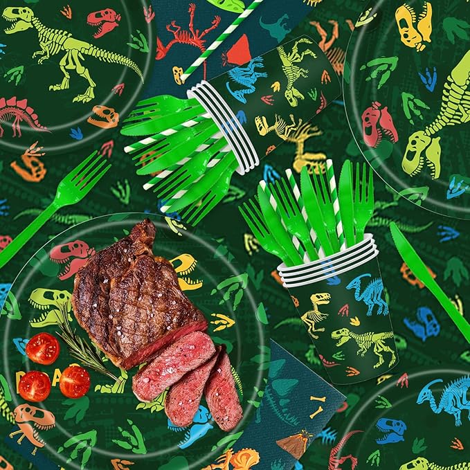 141pcs Dinosaur Birthday Decorations Kit Dinosaur Party Decorations with Trex Dino Plates, Cups, Forks, Knives, Straws,Napkins,Tablecloth for Boys Dino Themes Party Supplies Suitable for 20 Guests