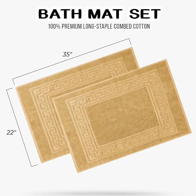 Superior Heavyweight Cotton Bath Mats, Bath Rugs For Bathroom Accessories, Washable Rug For Shower, Bath, Toilet, Modern Decor, No Backing, Luxury Hotel And Spa Quality, Set of 2, 22" x 35", Gold