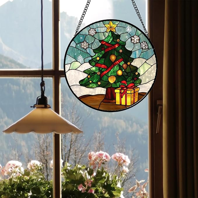 Stained Glass Window Hanging Green Christmas Tree Snowflake 6.3" - Suncatcher Door Garden Sun Catcher Xmas Holiday Decor Birthday for Mom Men Woman Friend Nana