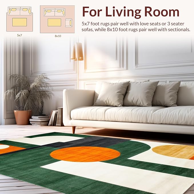 Flatwoven High Traffic Area Rug 5x7, Mid Century Modern Geometric Rug Retro Style, Non Slip, Stain Resistant, Washable Area Rugs for Living Room, Bedroom (Orange, 5x7)