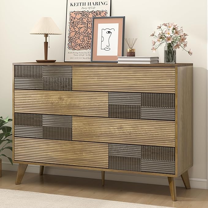 Hadulcet Wood Dressers for Bedroom 34” Tall, Large 8 Drawer Dresser TV Stand, Modern Chest of Drawers Closet Clothes Storage Organizer with Fluted Panel, No Handles Design, Dark Wood
