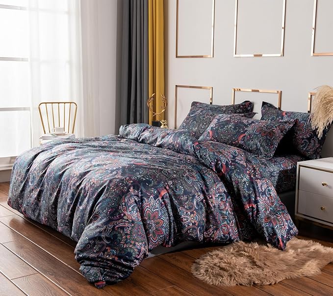 VM VOUGEMARKET Paisley Bedding Sets 3Pcs Brushed Cotton Duvet Cover Set King Size Rustic Damask Stormy Blue Floral Comforter Cover with Zipper Closure Boho Bedding Collections