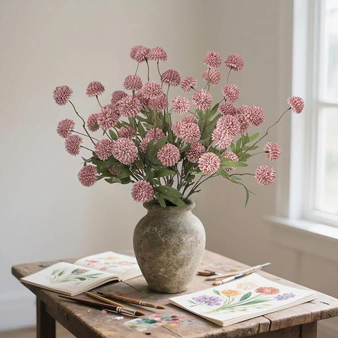 Fake Flowers 20.5In 10PCS Artificial Chrysanthemum Faux Mums Faux Flowers for Vase Fall Long Stems Flower Silk Flower for Indoor Home Decoration Kitchen Office Wedding Decoration (Red),No Vase