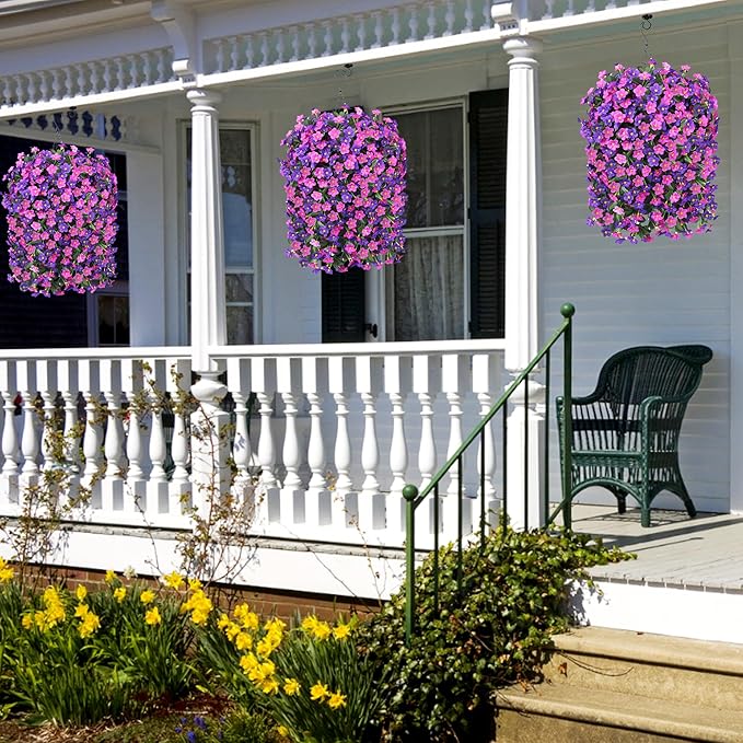 Artificial Faux Fall Hanging Flowers Plants Baskets for Outdoor Outside, Fake Silk Dark Purple Fuchsia Daisy Mums Trailing Vines in Planter Realistic UV Resistant for Balcony Porch Decor