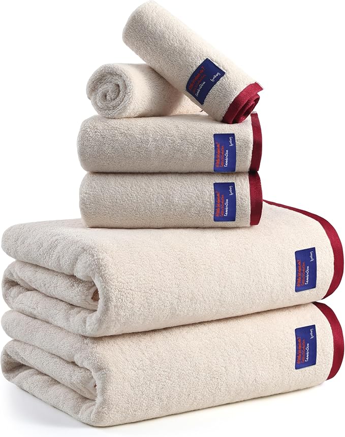 REDKISS 6 Piece Bath Towel Set, 100% Cotton, Soft Absorbent 600 GSM | Includes 2 Bath Towels, 2 Hand Towels & 2 Washcloths | Quick Dry | Contrast Border Design | Bathroom | Guest Bath & Apartment