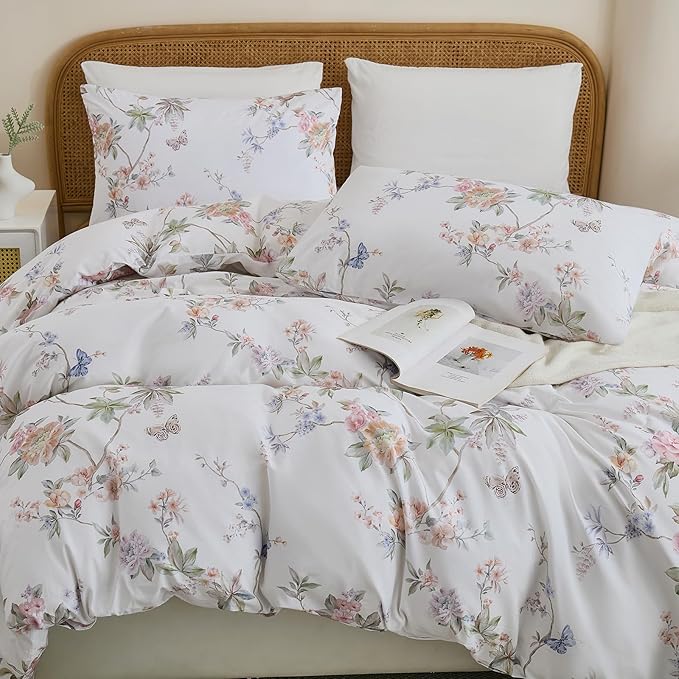 100% Cotton Duvet Cover King Size – Elegant French Romantic Floral Duvet Cover Set with Zipper Closure, 3-Piece Soft Breathable Durable Percale Cotton Bedding Set for All Seasons