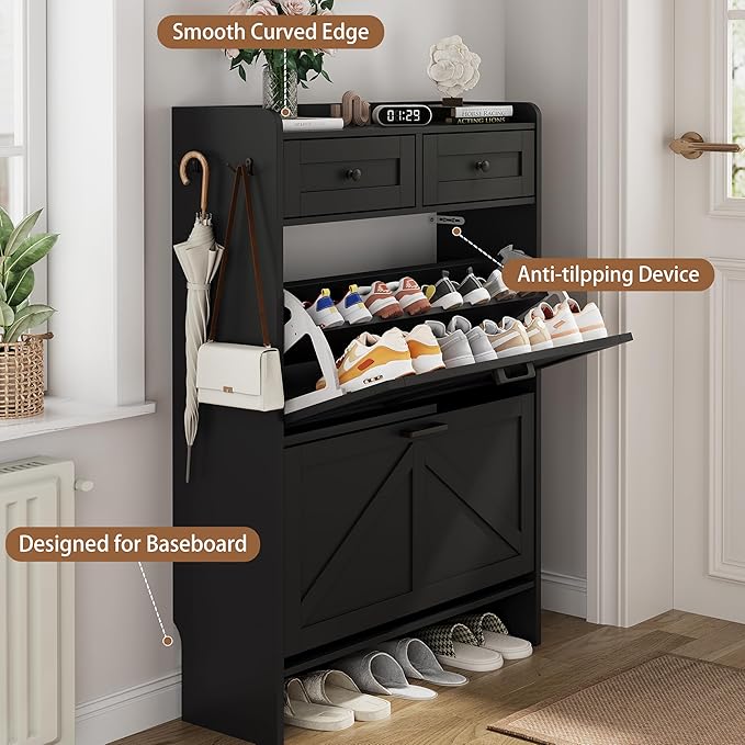 Shoe Cabinet with 2 Flip Drawers & 2 Top Drawers, 43" Tall Freestanding Narrow Wooden Shoe Storage Organizer for Entryway, Hidden Slim Shoe Rack for Front Door Entrance, Hallway, Living Room, Black