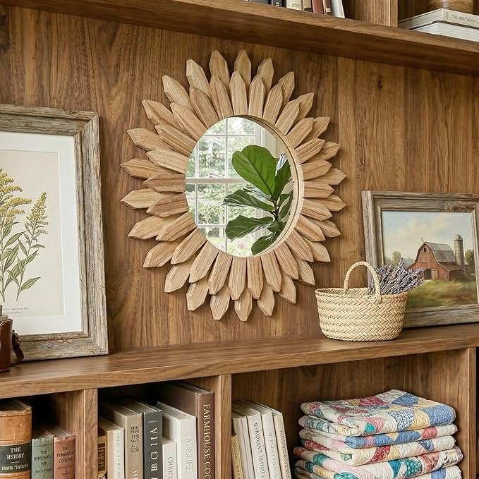 Boho Wood Sunburst Round Wall Mirror, 20 Inch Rustic Circle Wooden Frame Decorative Mirror for Farmhouse Coastal Home, Home Wall Decor for Living Room Entryway Bedroom, Light Wood