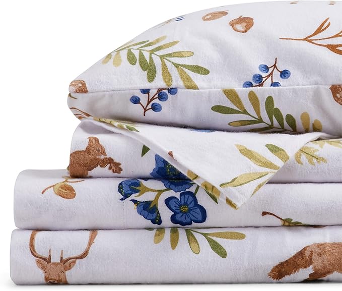 Market & Place 100% Cotton Twin Flannel Sheet Set | 3 Piece Deep Pocket Novelty Cozy Winter Bed Sheets | Double Brushed for Extra Softness & Comfort | Alpine Collection (Twin, Woodland Forest)