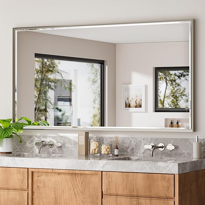 72 x 36 Brushed Nickel Bathroom Mirror, Beveled Framed Rectangle, Shatterproof Anti-Rust Vertical/Horizontal Wall-Mounted